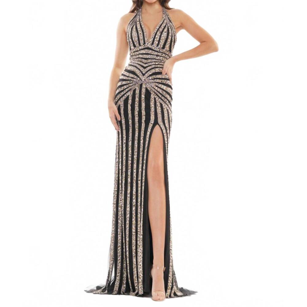 NEW COLORS DRESS sequin halter dress in black/gold - Picture 1 of 2